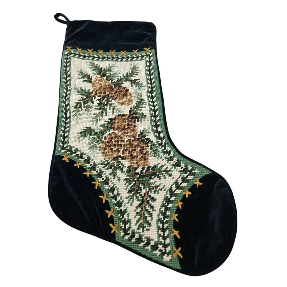 Vintage Needlepoint Pine Cone Christmas Stocking Green Velvet Traditional